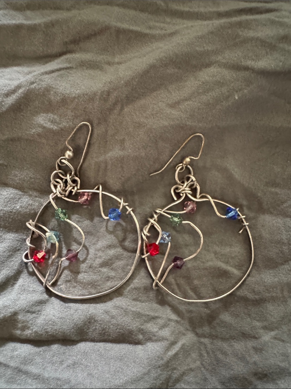 Handcrafted Silver-Tone Hoop Earrings with Multicolor Crystal Beads